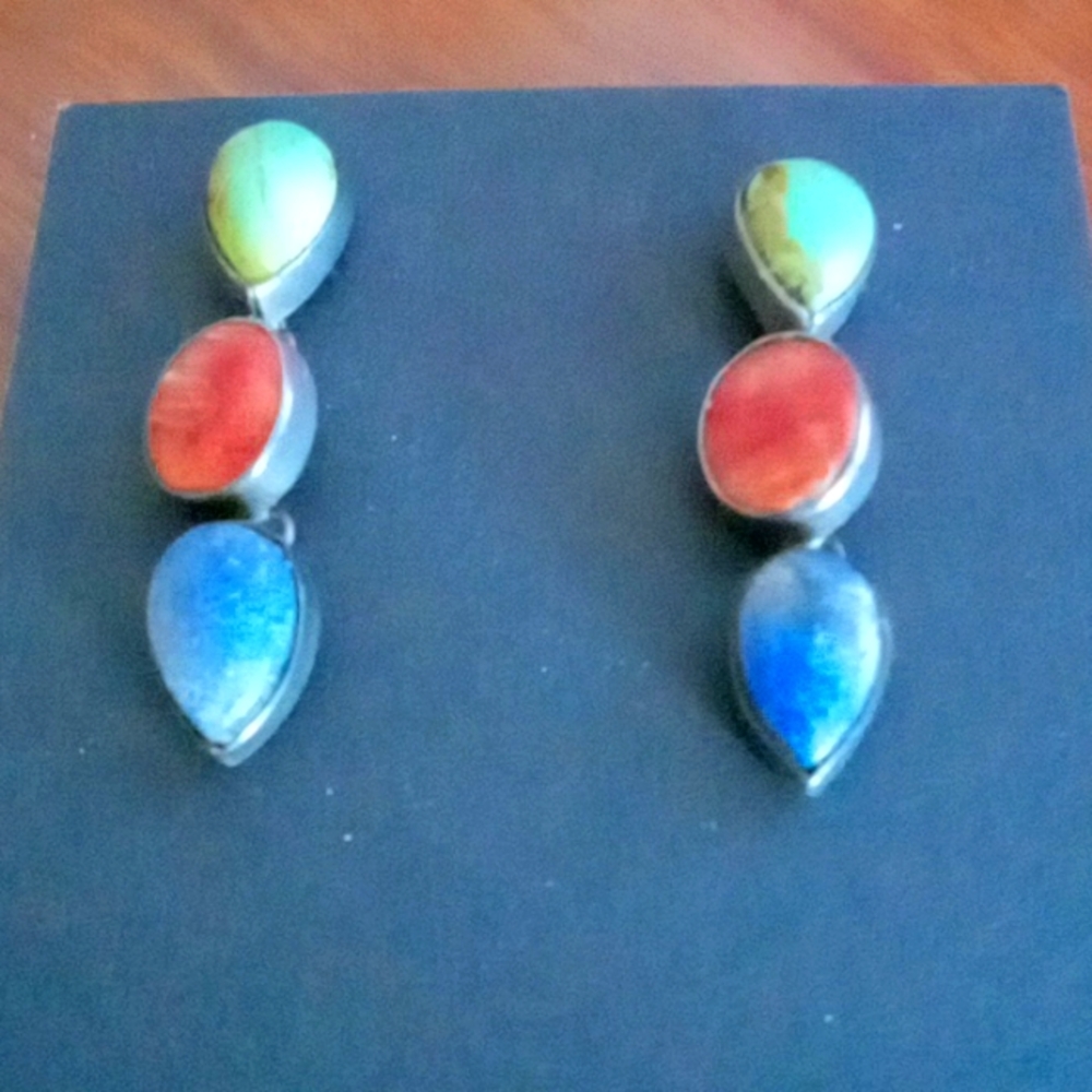 Sterling Silver Turquoise, Coral and Lapis Lazuli Earrings